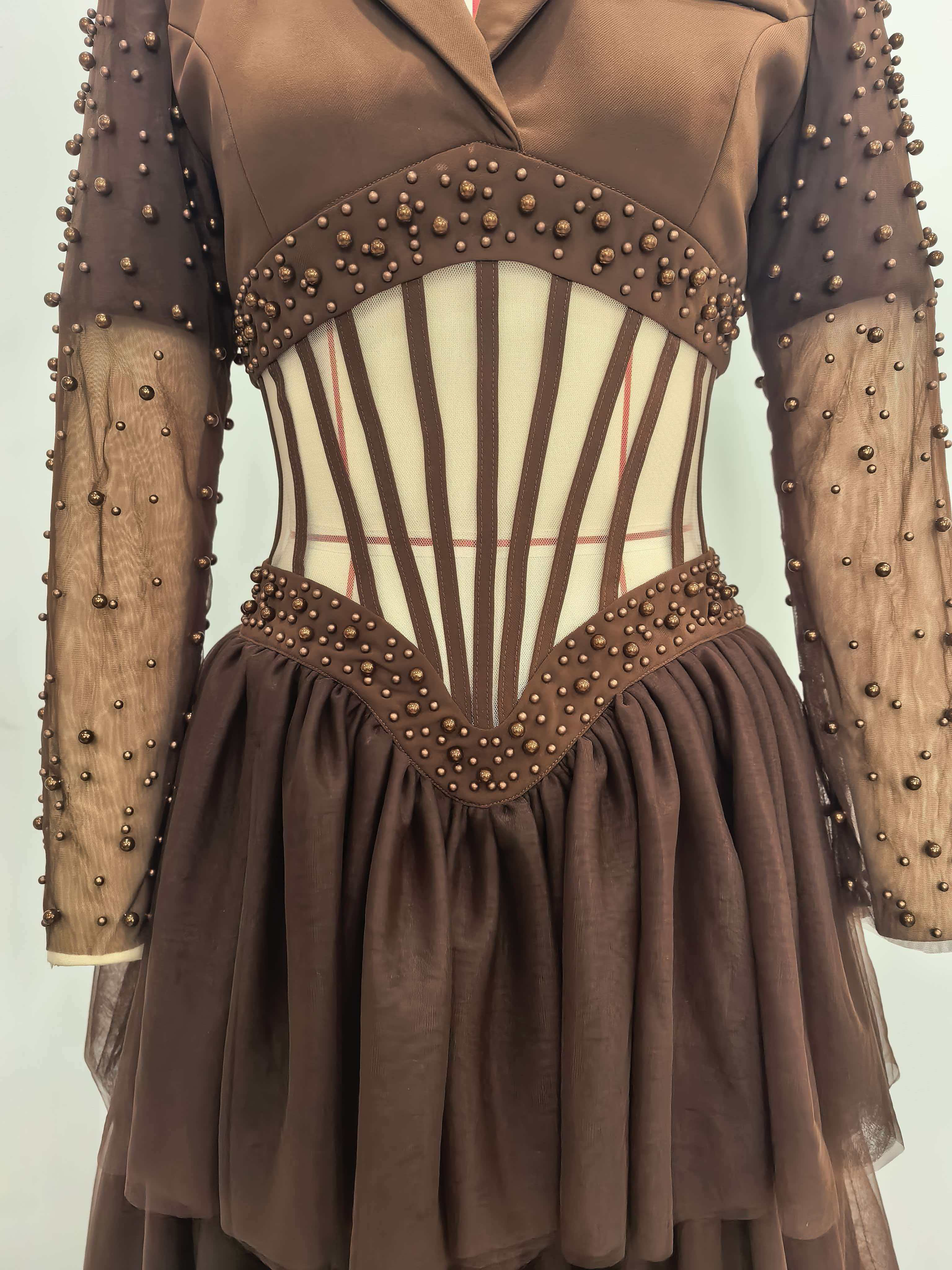 TWOTWINSTYLE Lapel Patchwork Steel Ball Hollow Out Vintage Dress