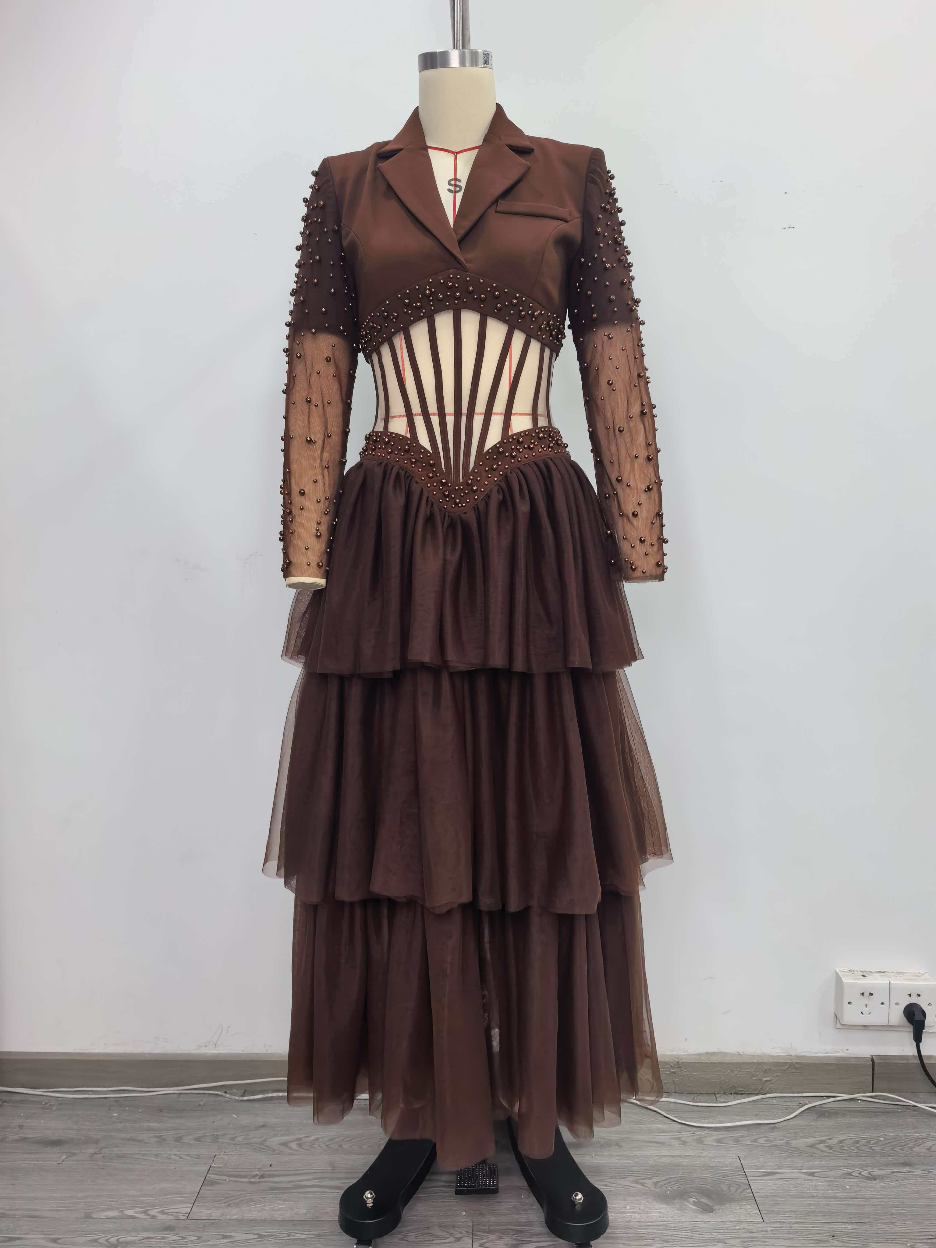 TWOTWINSTYLE Lapel Patchwork Steel Ball Hollow Out Vintage Dress