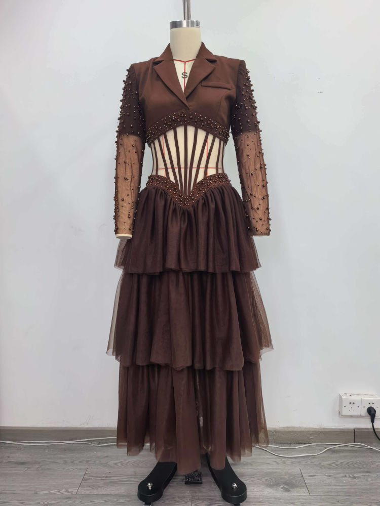 TWOTWINSTYLE Lapel Patchwork Steel Ball Hollow Out Vintage Dress