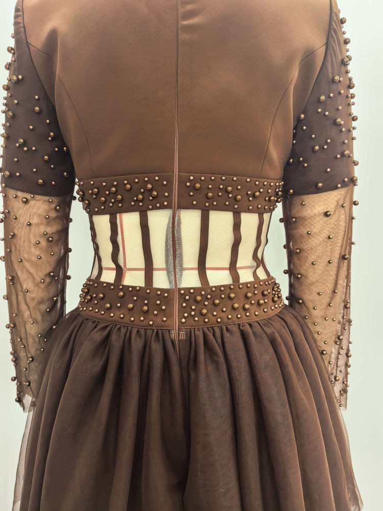 TWOTWINSTYLE Lapel Patchwork Steel Ball Hollow Out Vintage Dress