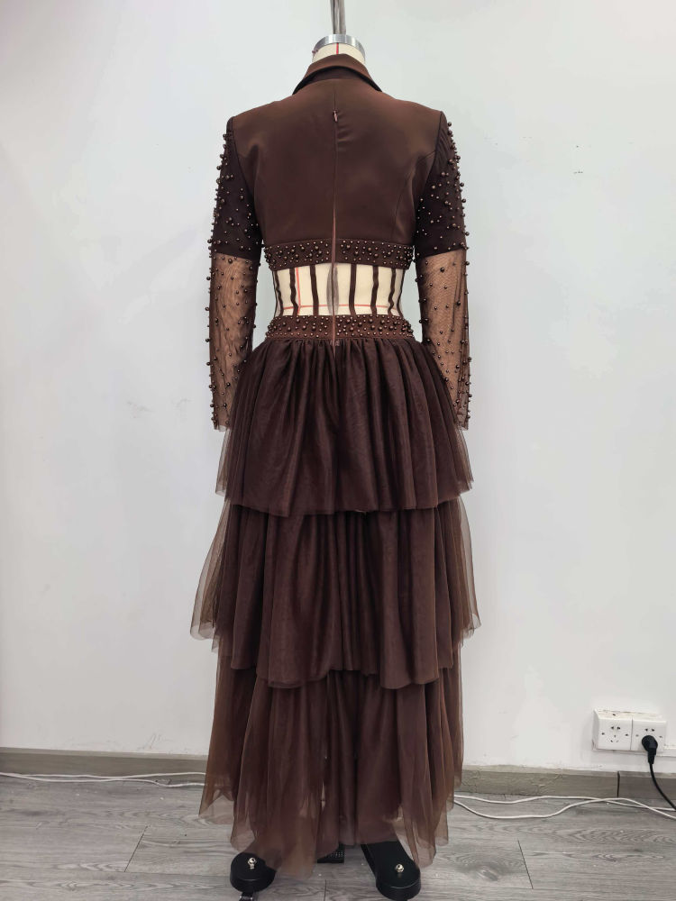 TWOTWINSTYLE Lapel Patchwork Steel Ball Hollow Out Vintage Dress
