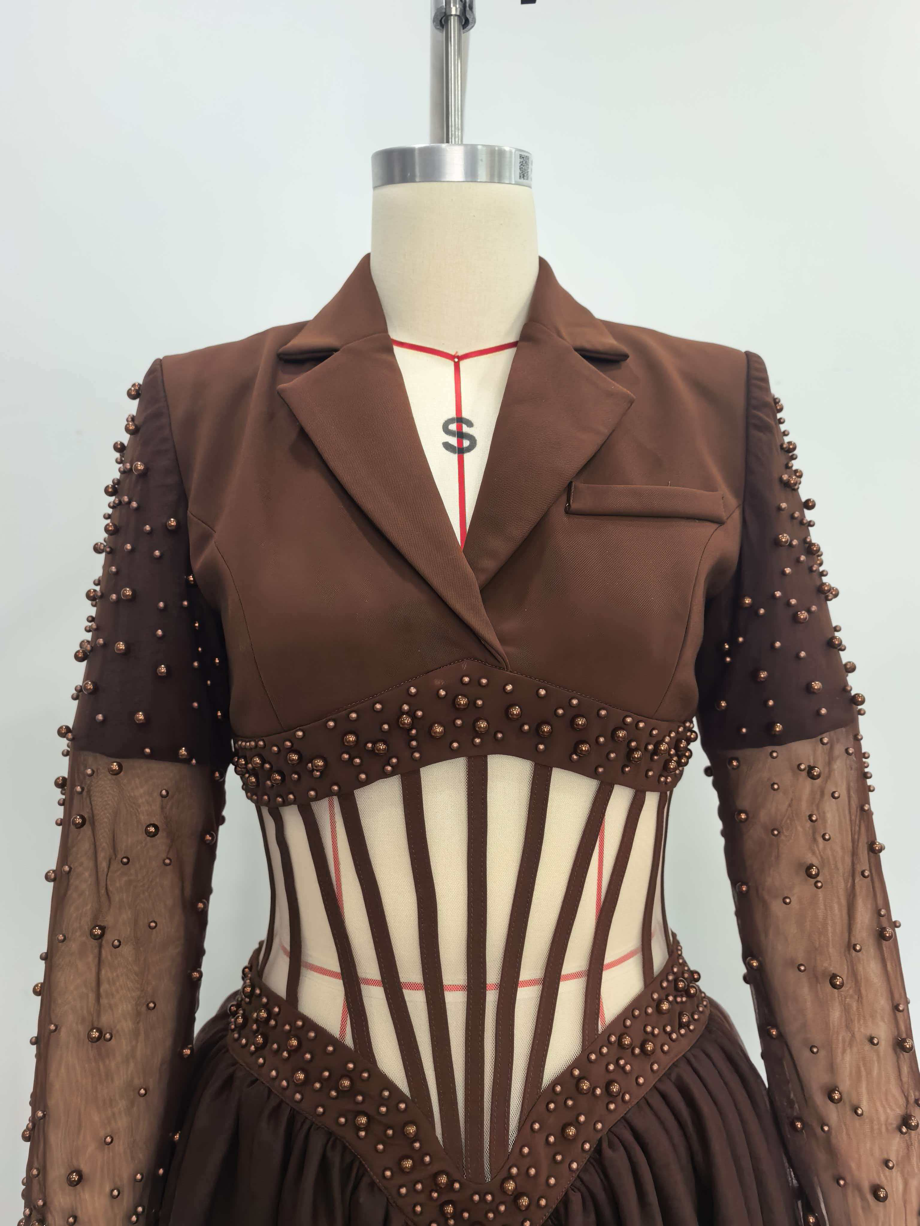 TWOTWINSTYLE Lapel Patchwork Steel Ball Hollow Out Vintage Dress