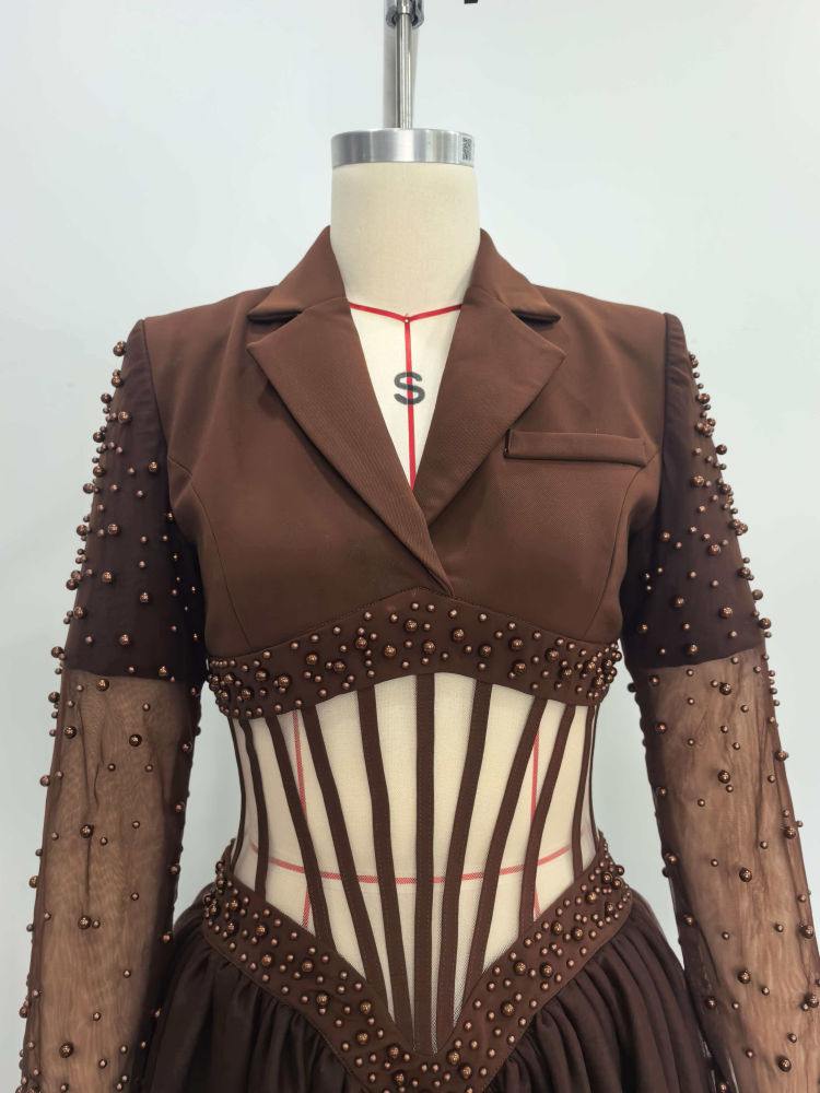 TWOTWINSTYLE Lapel Patchwork Steel Ball Hollow Out Vintage Dress