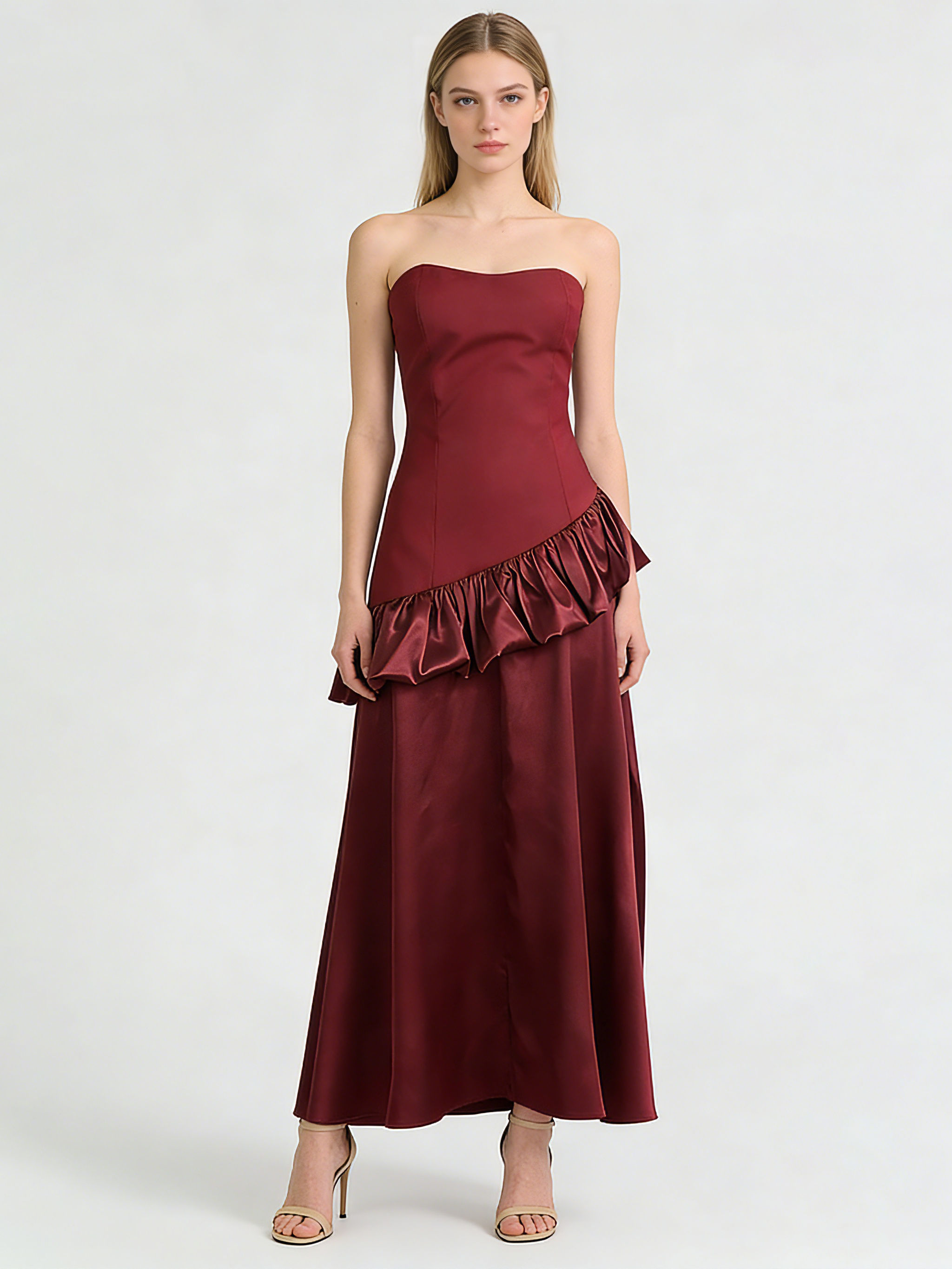 TWOTWINSTYLE Solid Spliced Ruffles Strapless Elegant Dress