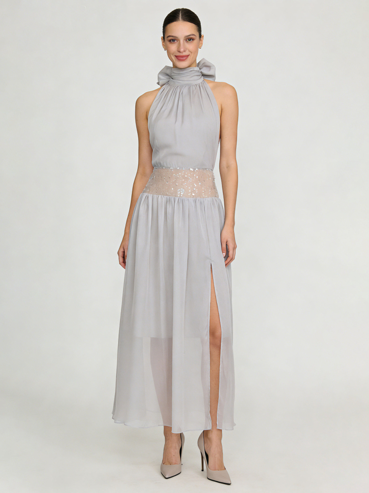 TWOTWINSTYLE Stand Collar Sleeveles Side Split Hollow Out Fashion Dress