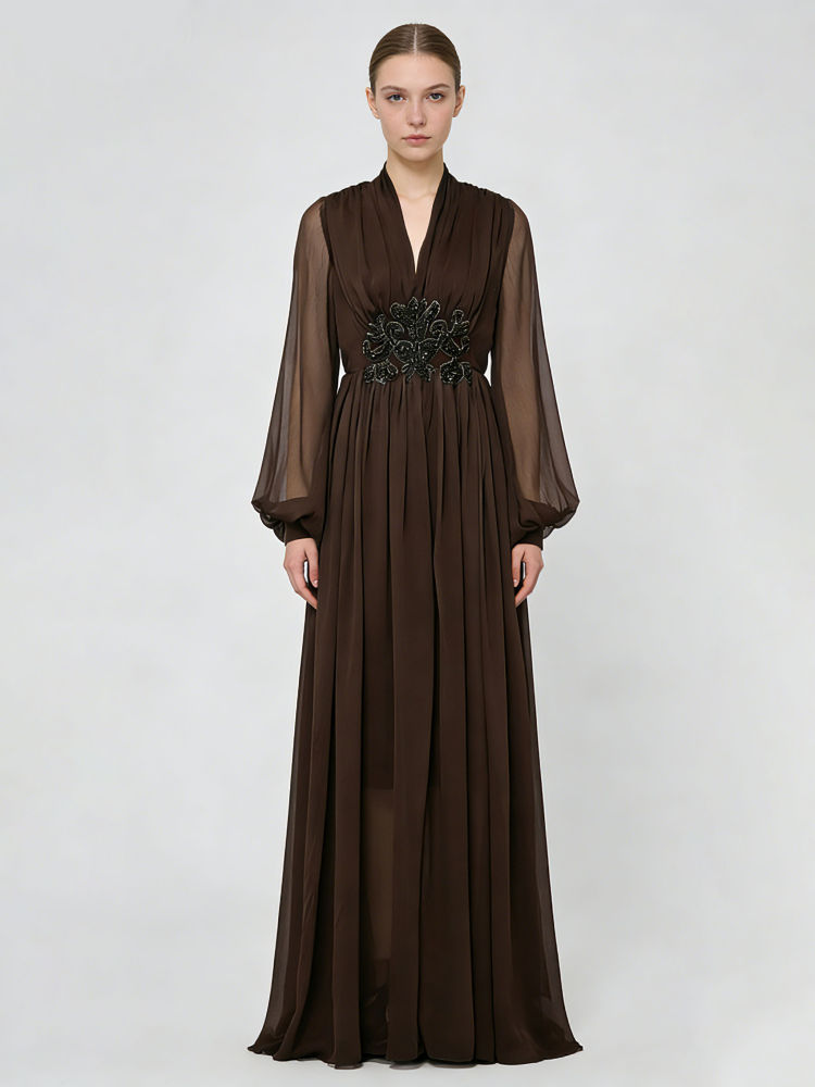 TWOTWINSTYLE V Neck Long Sleeve Spliced Diamond Vintage Dress