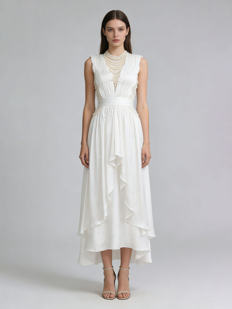 TWOTWINSTYLE Sleeveles Spliced Pearl Irregular Hem Fashion Dress