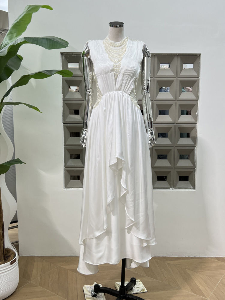 TWOTWINSTYLE Sleeveles Spliced Pearl Irregular Hem Fashion Dress