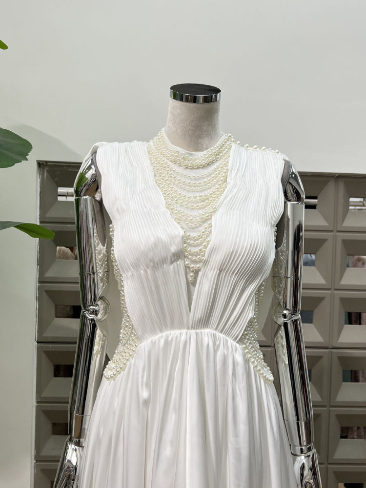 TWOTWINSTYLE Sleeveles Spliced Pearl Irregular Hem Fashion Dress