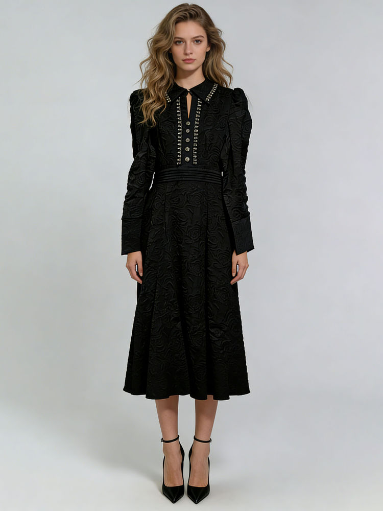 TWOTWINSTYLE Solid Lapel Long Sleeve Patchwork Diamond Designer Dress