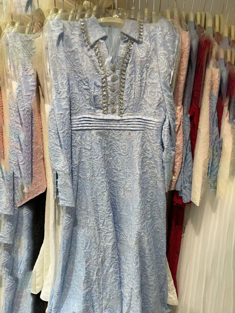 TWOTWINSTYLE Solid Lapel Long Sleeve Patchwork Diamond Designer Dress