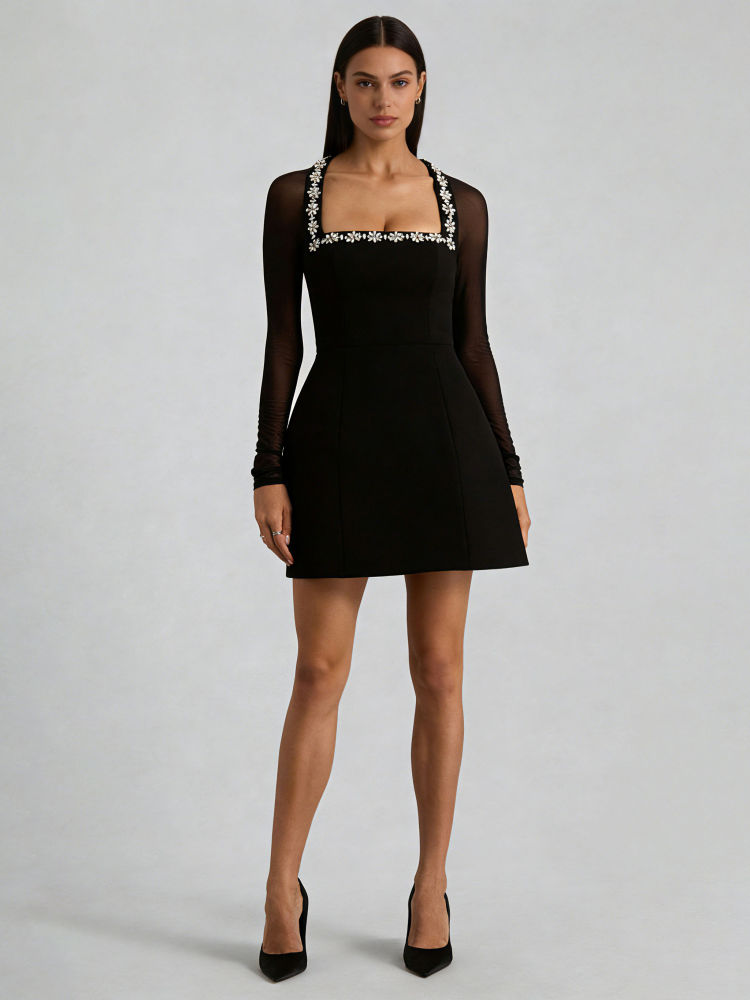 TWOTWINSTYLE Square Neckline Tunic Patchwork Diamond Elegant Dress