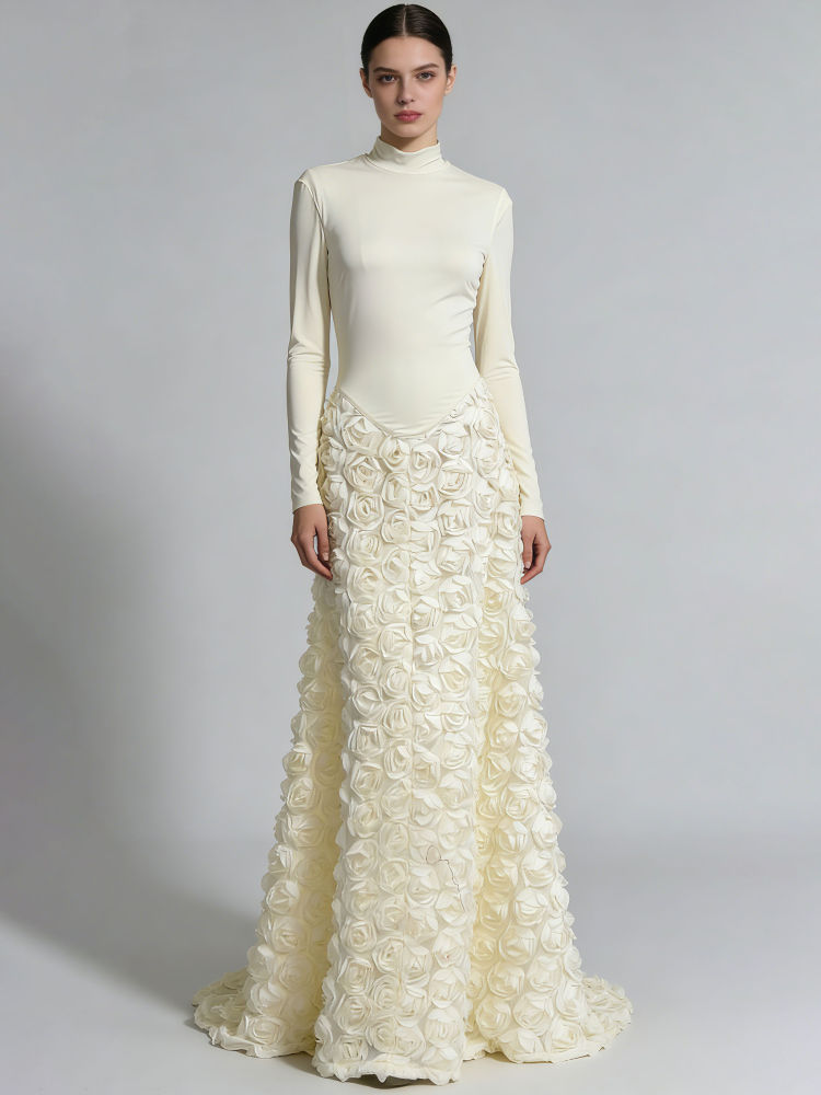 TWOTWINSTYLE Stand Collar Long Sleeve Patchwork 3D Flower Elegant Dress