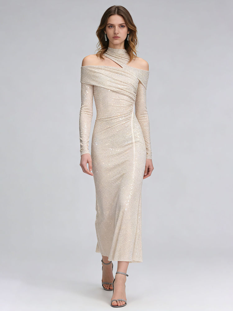 TWOTWINSTYLE Stand Collar Off Shoulder Spliced Sequins Chic Dress