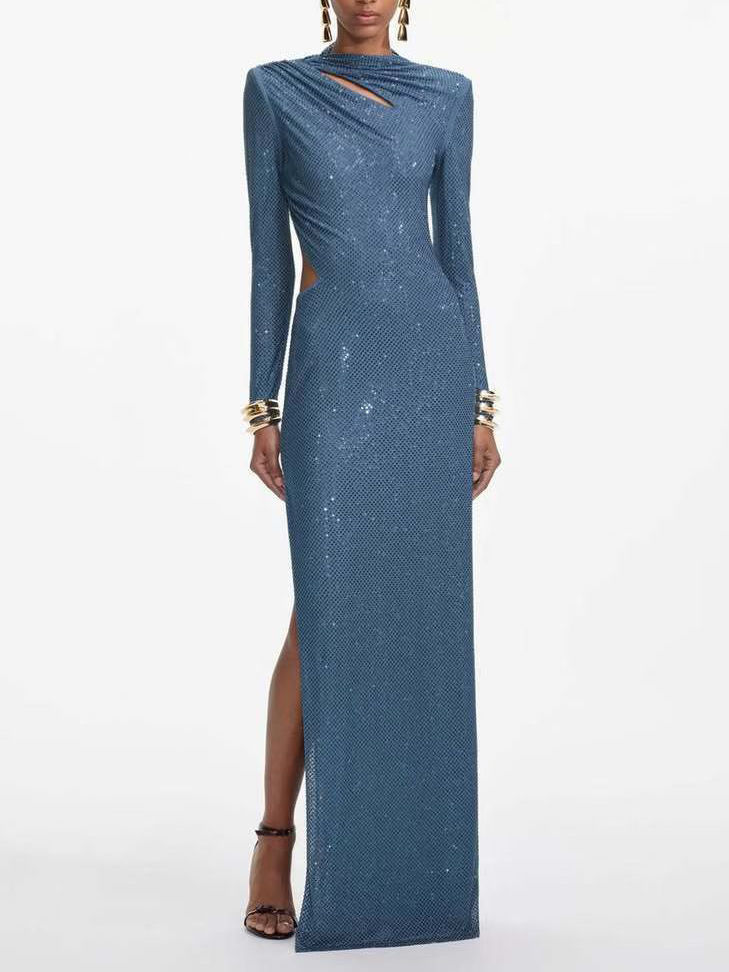 TWOTWINSTYLE Stand Collar Off Shoulder Spliced Sequins Chic Dress