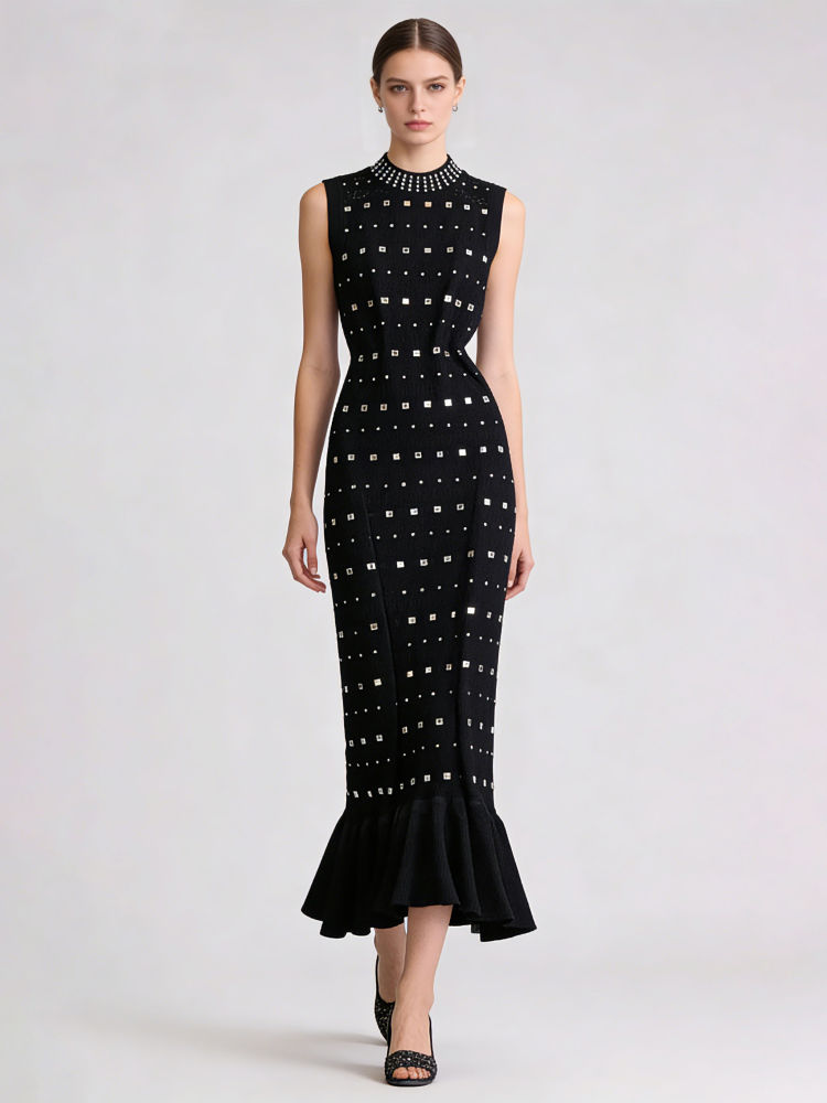 TWOTWINSTYLE Stand Collar Patchwork Diamond Fashion Dress