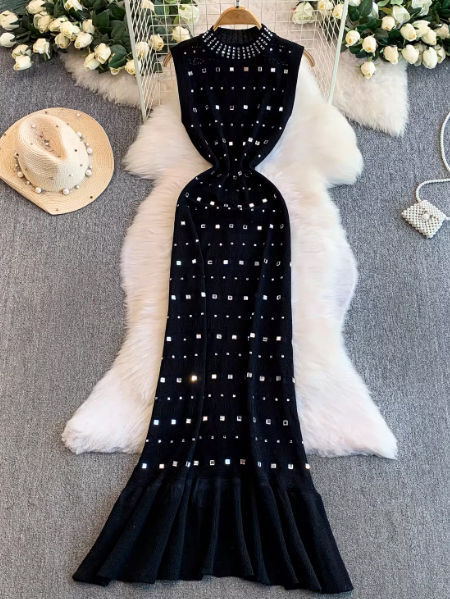 TWOTWINSTYLE Stand Collar Patchwork Diamond Fashion Dress