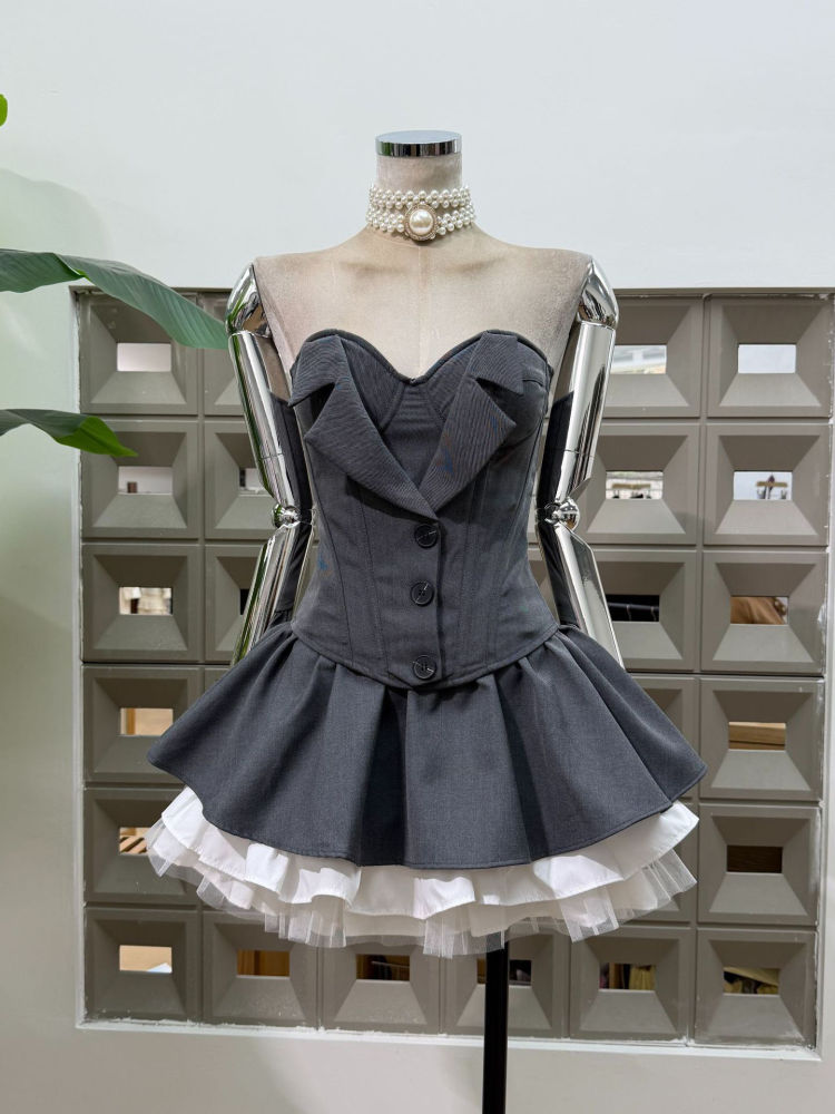 TWOTWINSTYLE Strapless Tunic Vest Hit Color High Waist Skirt Fashion Set
