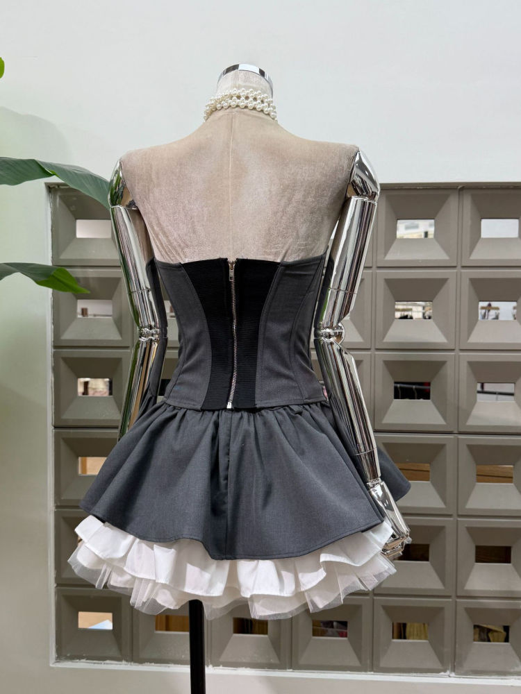 TWOTWINSTYLE Strapless Tunic Vest Hit Color High Waist Skirt Fashion Set