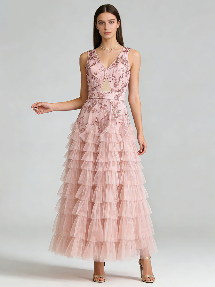 TWOTWINSTYLE V Neck Patchwork Mesh And Sequins Designer Dress