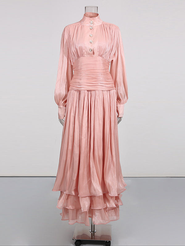 TWOTWINSTYLE Solid Stand Collar Long Sleeve Tunic Vintage Dress