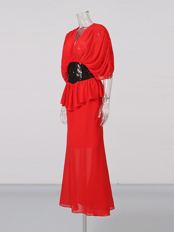 TWOTWINSTYLE Deep V Neck Hit Color Spliced Sequins Chic Dress