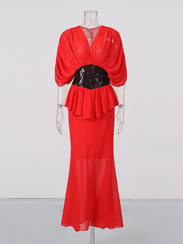 TWOTWINSTYLE Deep V Neck Hit Color Spliced Sequins Chic Dress