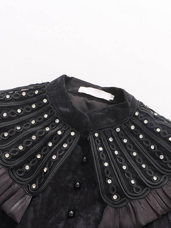 TWOTWINSTYLE Stand Collar Patchwork Metal Jewelry Top High Waist Skirt Elegant Two Piece Set