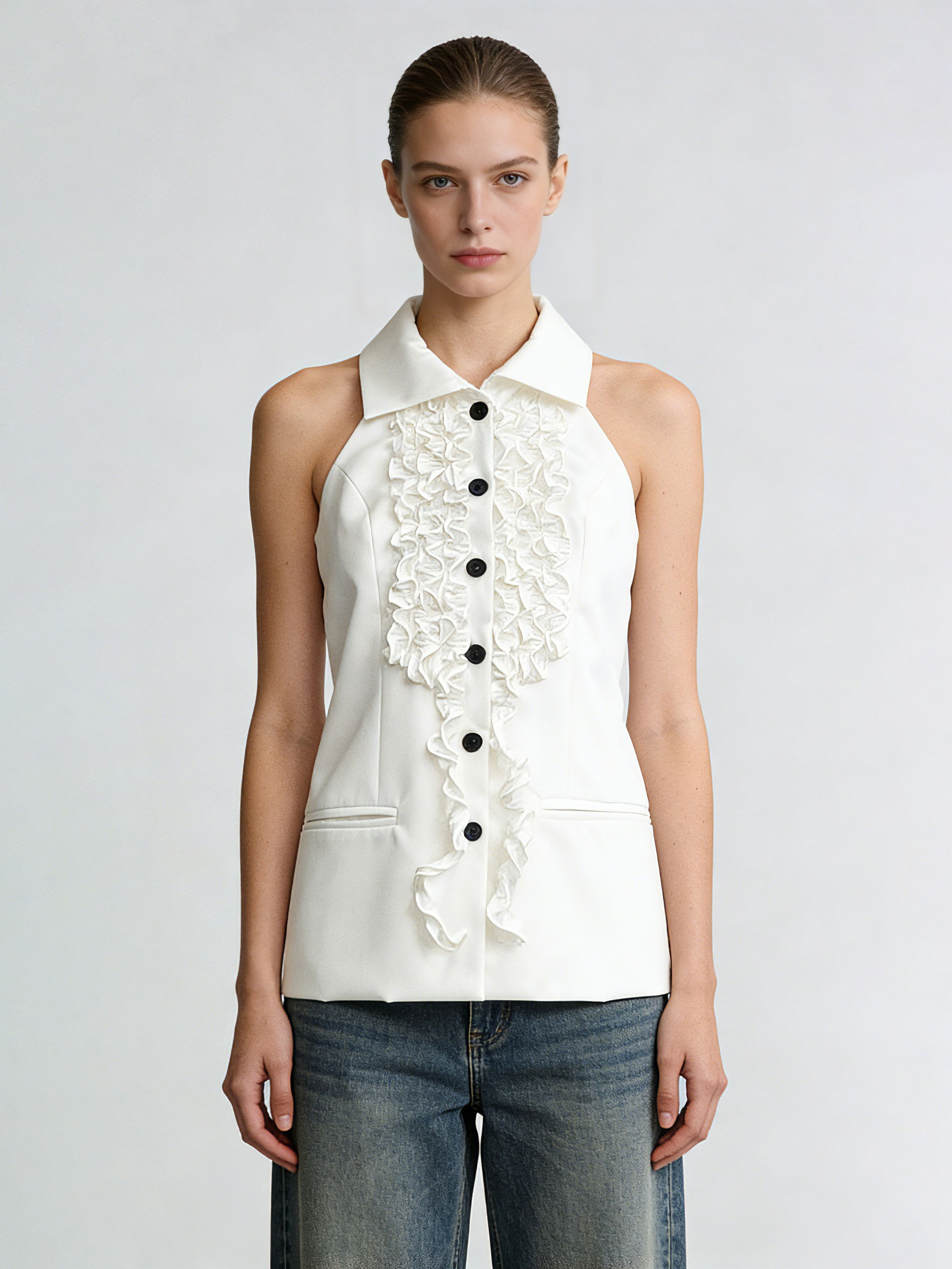 TWOTWINSTYLE Lapel Sleeveles Patchwork Ruffles Vintage Vest