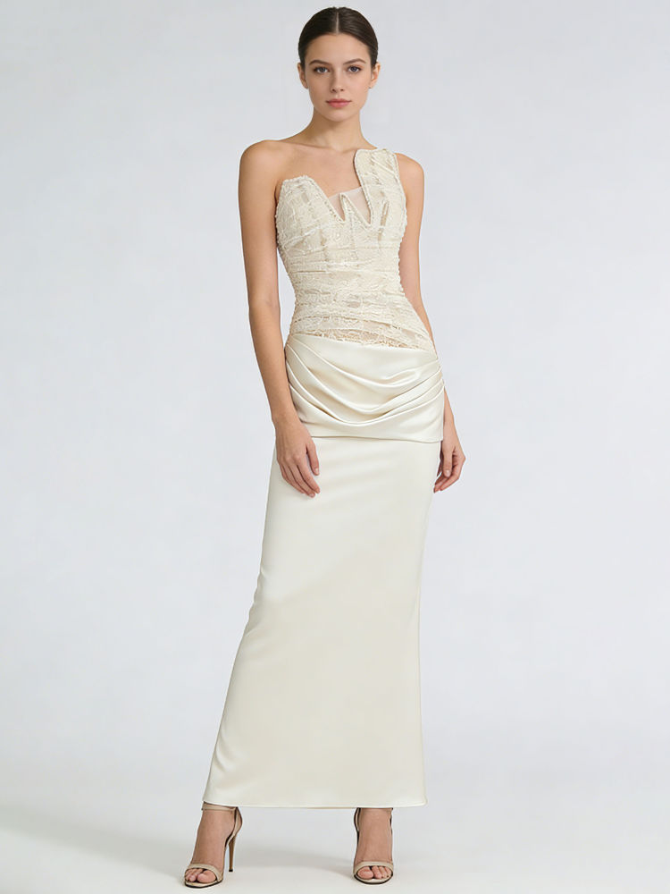 TWOTWINSTYLE Patchwork Lace Pleated Strapless Elegant Dress