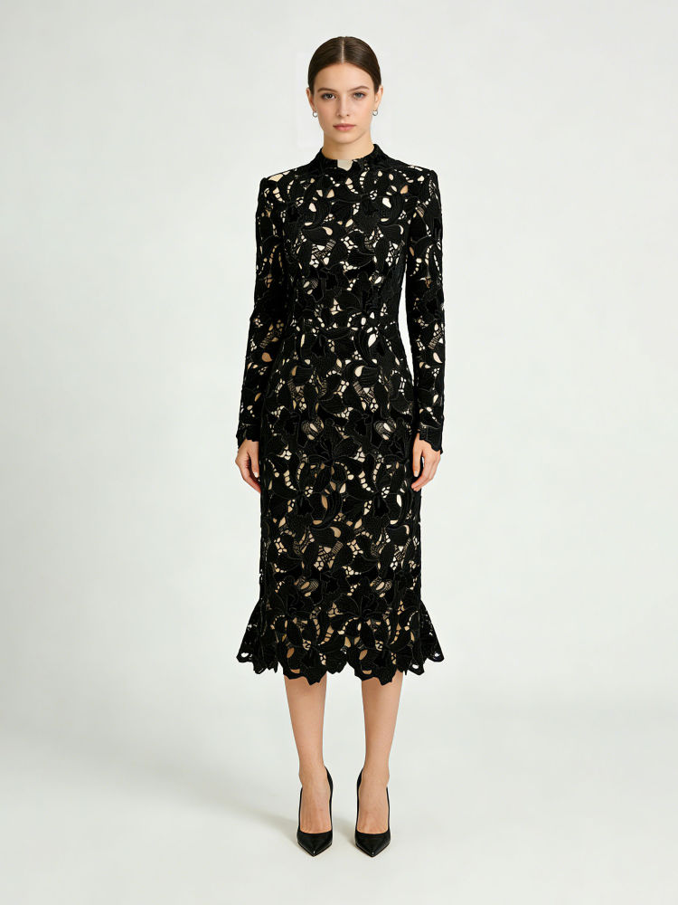 TWOTWINSTYLE Stand Collar Hollow Out Minimalist Dress