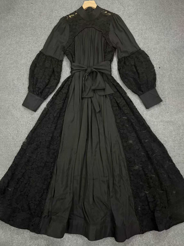 TWOTWINSTYLE Solid Stand Collar Bubble Sleeves Elegant Dress