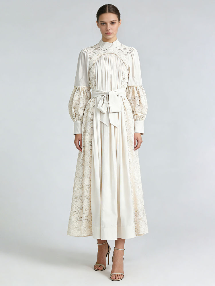 TWOTWINSTYLE Solid Stand Collar Bubble Sleeves Elegant Dress