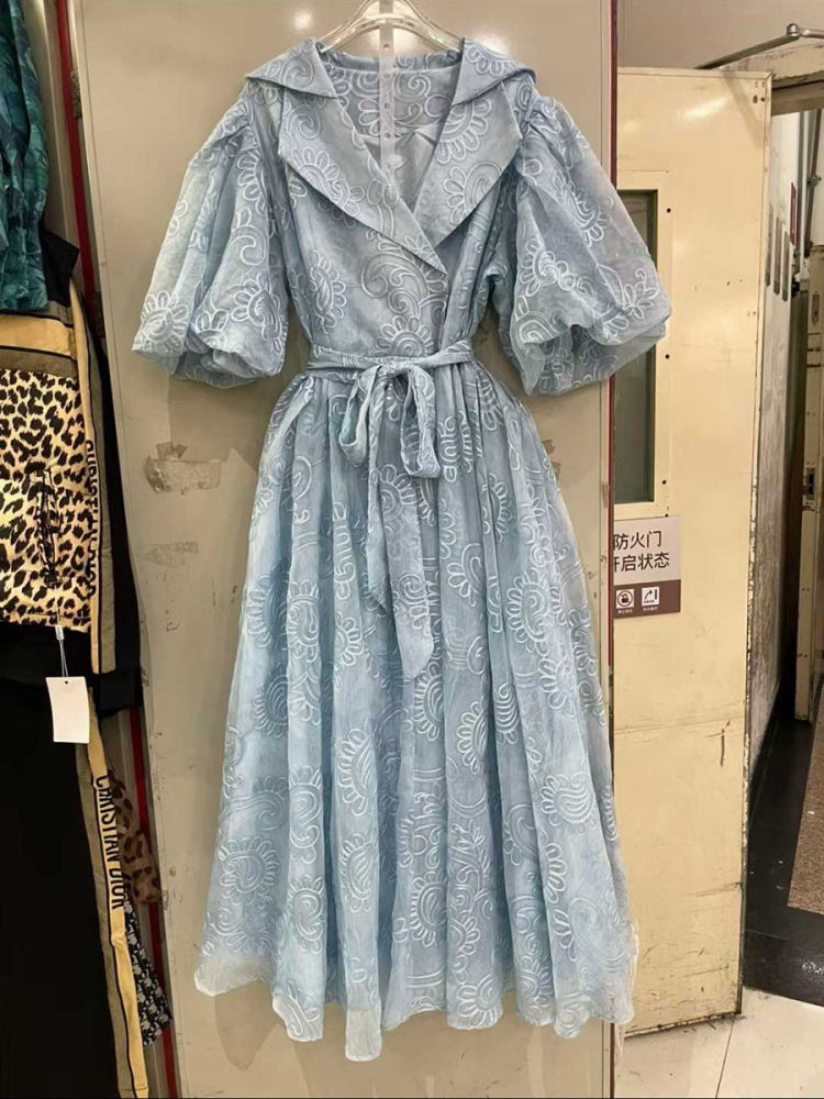 TWOTWINSTYLE Lapel Puff Sleeve High Waist Vintage Dress