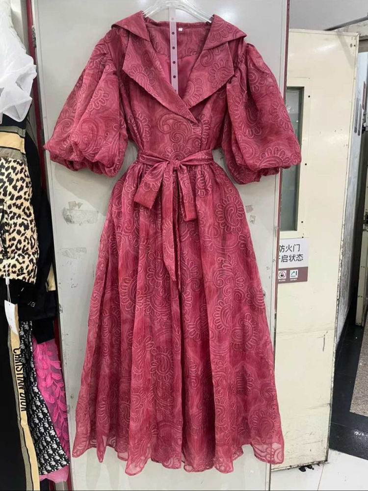 TWOTWINSTYLE Lapel Puff Sleeve High Waist Vintage Dress