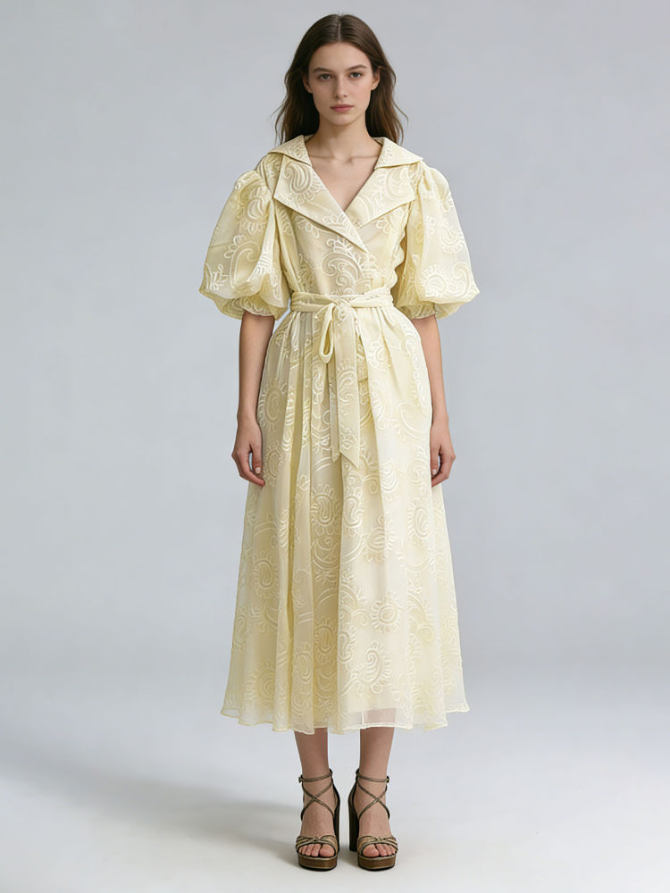 TWOTWINSTYLE Lapel Puff Sleeve High Waist Vintage Dress