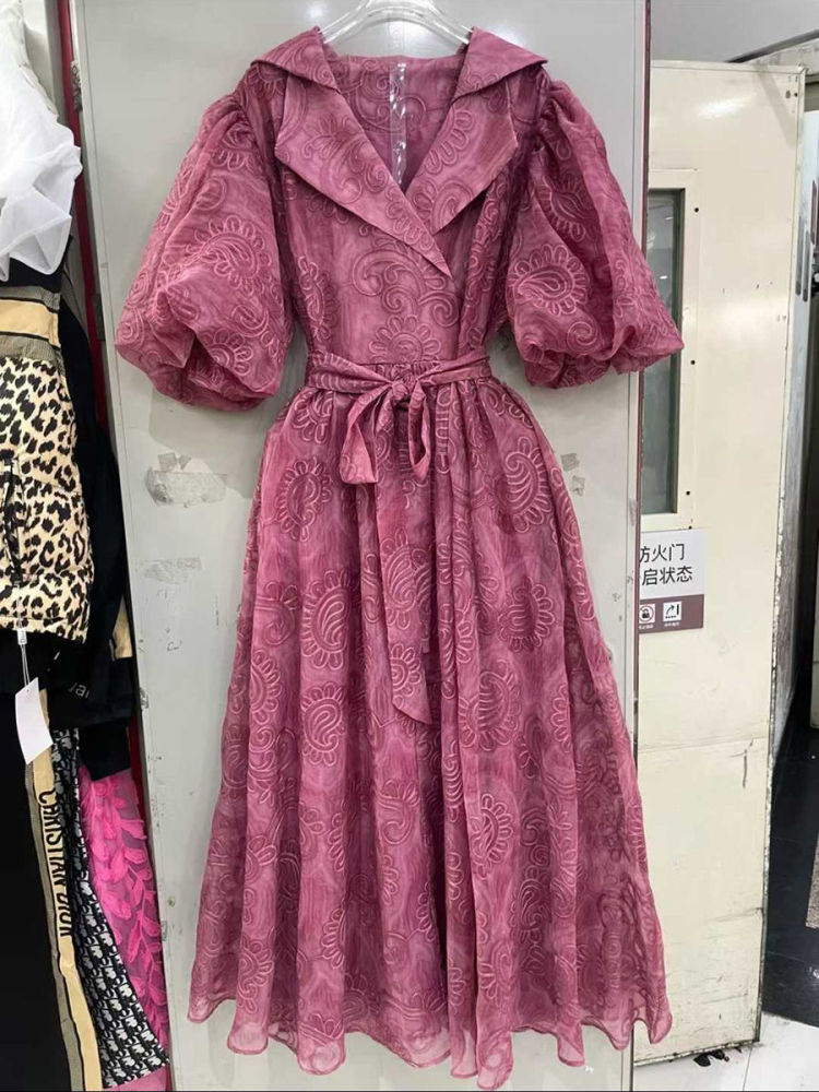 TWOTWINSTYLE Lapel Puff Sleeve High Waist Vintage Dress