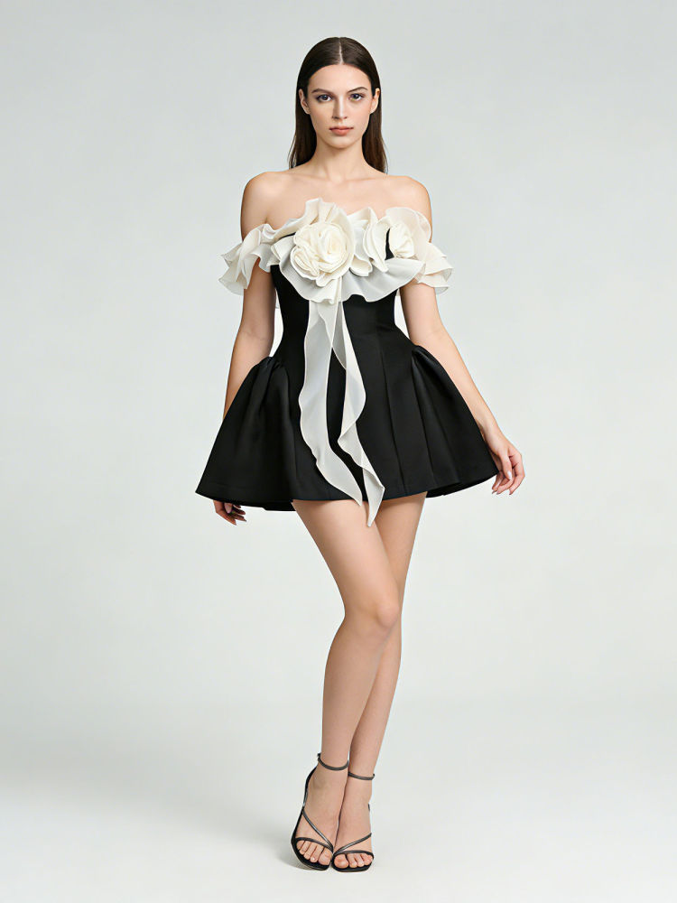 TWOTWINSTYLE Off Shoulder Hit Color Spliced 3D Flower Fashion Dress