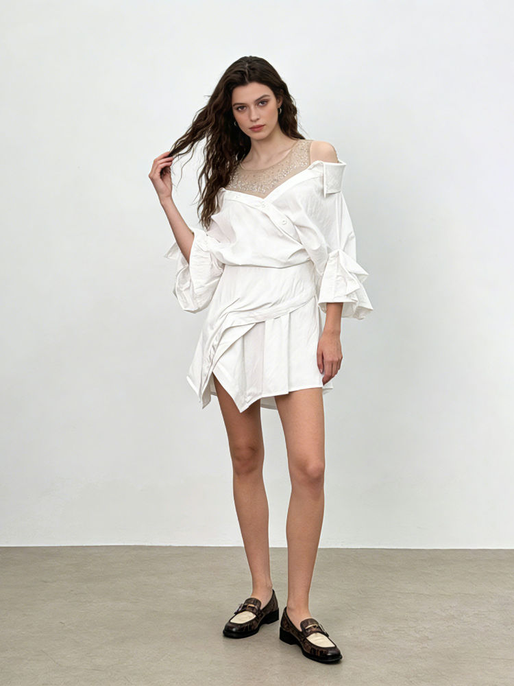 TWOTWINSTYLE Off Shoulder Patchwork Diamond Tunic Chic Dress