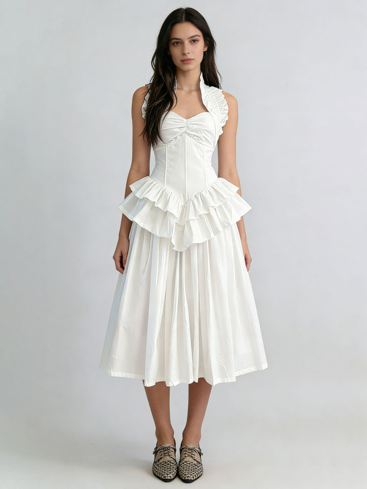 TWOTWINSTYLE Sleeveles High Waist Patchwork Ruffles Chic Dress