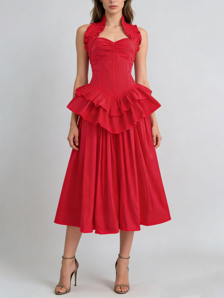 TWOTWINSTYLE Sleeveles High Waist Patchwork Ruffles Chic Dress