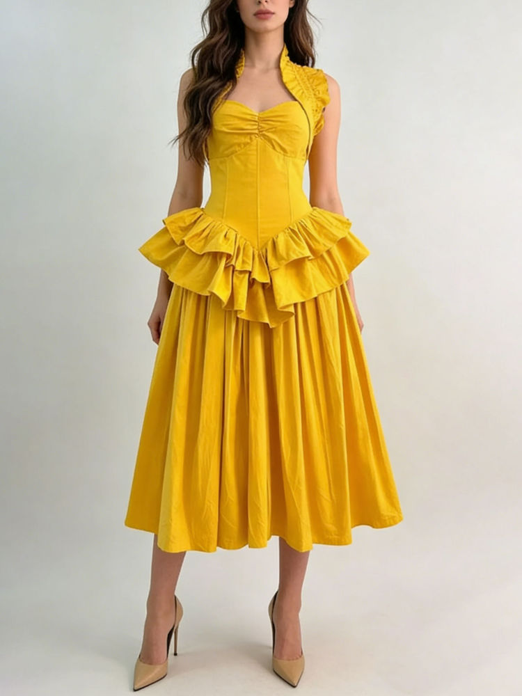 TWOTWINSTYLE Sleeveles High Waist Patchwork Ruffles Chic Dress