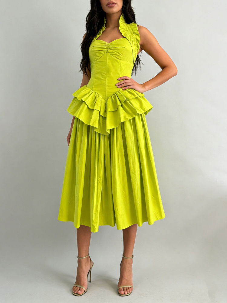 TWOTWINSTYLE Sleeveles High Waist Patchwork Ruffles Chic Dress