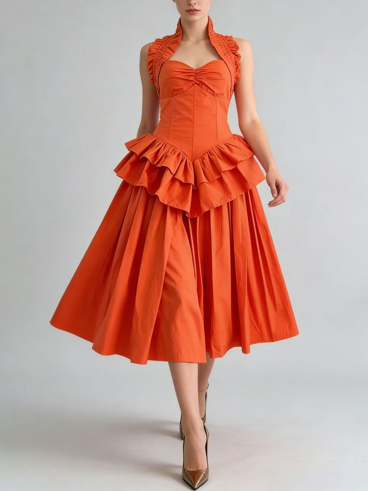 TWOTWINSTYLE Sleeveles High Waist Patchwork Ruffles Chic Dress