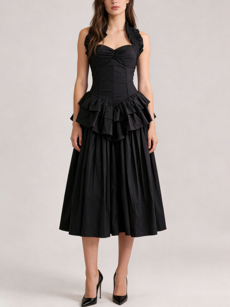TWOTWINSTYLE Sleeveles High Waist Patchwork Ruffles Chic Dress
