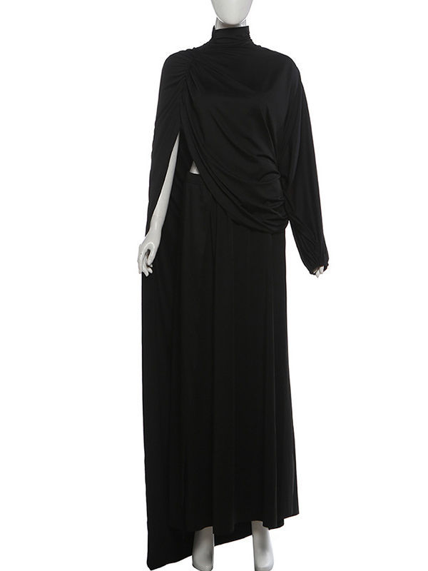 TWOTWINSTYLE Stand Collar Irregular Hem Top Solid Skirt Elegant Dress