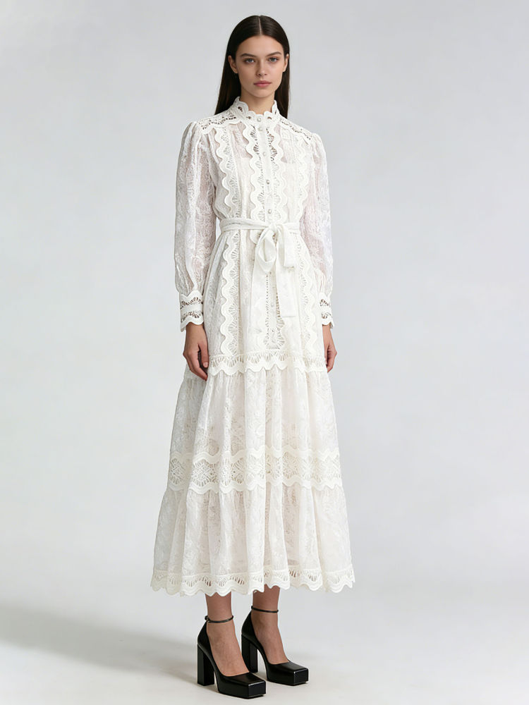 TWOTWINSTYLE Stand Collar Long Sleeve Patchwork Mesh Fashion Dress