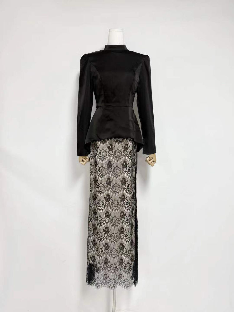 TWOTWINSTYLE Stand Collar Long Sleeve Tunic Top Spliced Lace Skirt Vintage Set