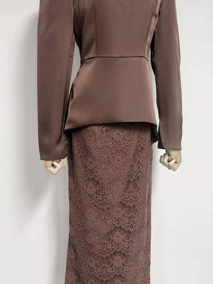 TWOTWINSTYLE Stand Collar Long Sleeve Tunic Top Spliced Lace Skirt Vintage Set