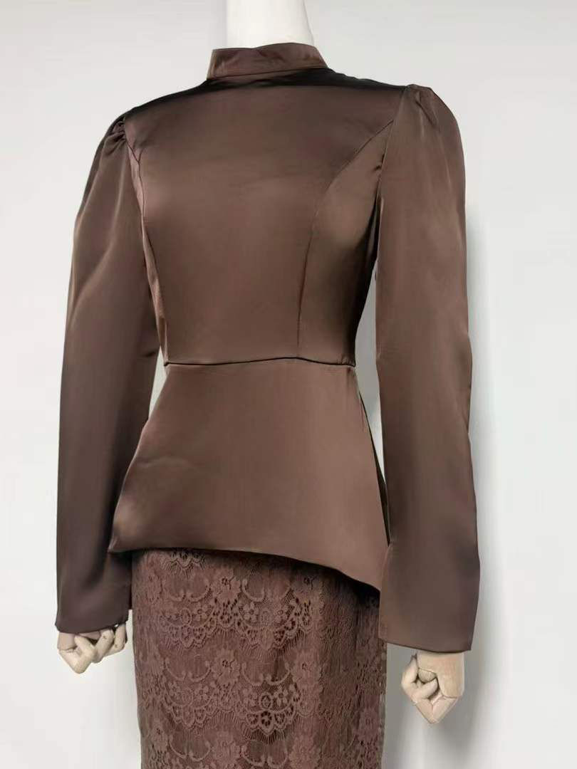 TWOTWINSTYLE Stand Collar Long Sleeve Tunic Top Spliced Lace Skirt Vintage Set